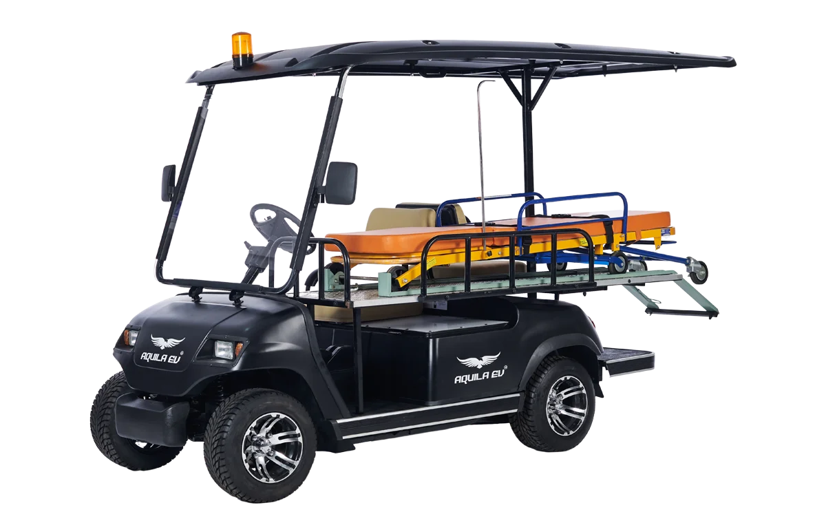A specialized utility golf cart equipped with a cargo bed and roof rack against a striped background.