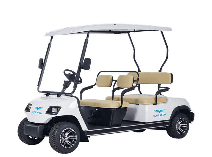 A white, 4 Person Electric Golf Cart with a logo on the front and a canopy over the top.