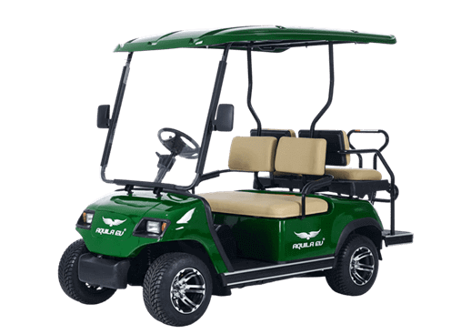 Green four-seater electric golf cart with a beige roof and seats, parked against a transparent background.