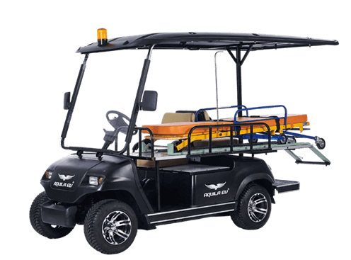 Black two-seater electric golf cart with canopy and rear cargo bed, isolated on a transparent background.