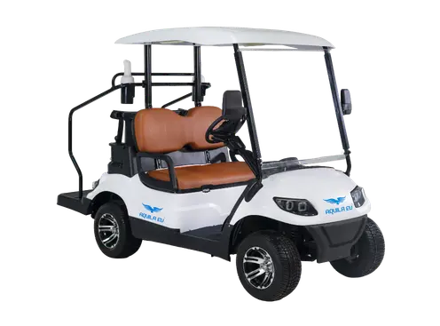 White 2-seater electric golf cart with beige seats and a roof, featuring a logo of a blue bird on the side.