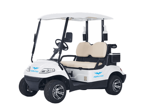 White 2-seater electric golf cart with beige seats and a roof, featuring a logo of a blue bird on the side.