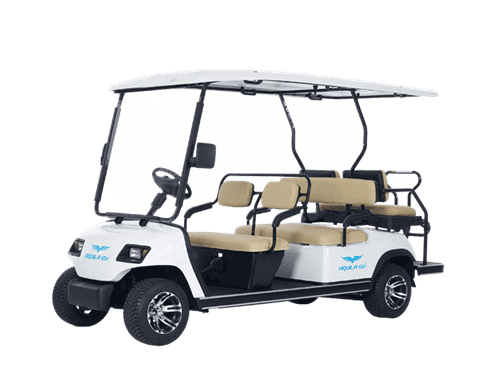 White six-seater electric golf car with a canopy, featuring modern design elements and positioned against a transparent background.