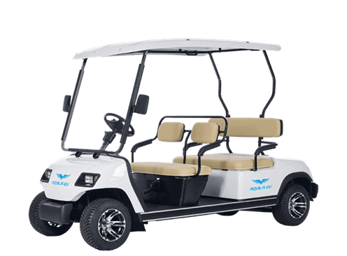 A white, 4 Person Electric Golf Cart with a logo on the front and a canopy over the top.