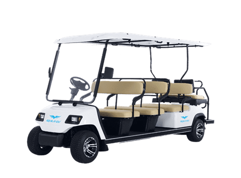 White eight-seater electric golf buggy cart with a canopy and off-road tires, isolated on a transparent background.