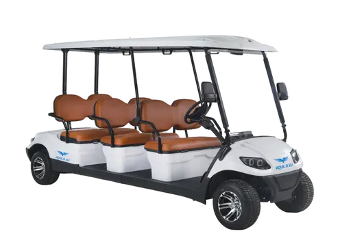 A white six-seater electric buggy parked on a white background, featuring a beige roof and seats with black tires.