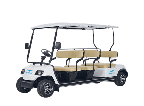 A white six-seater electric buggy parked on a white background, featuring a beige roof and seats with black tires.