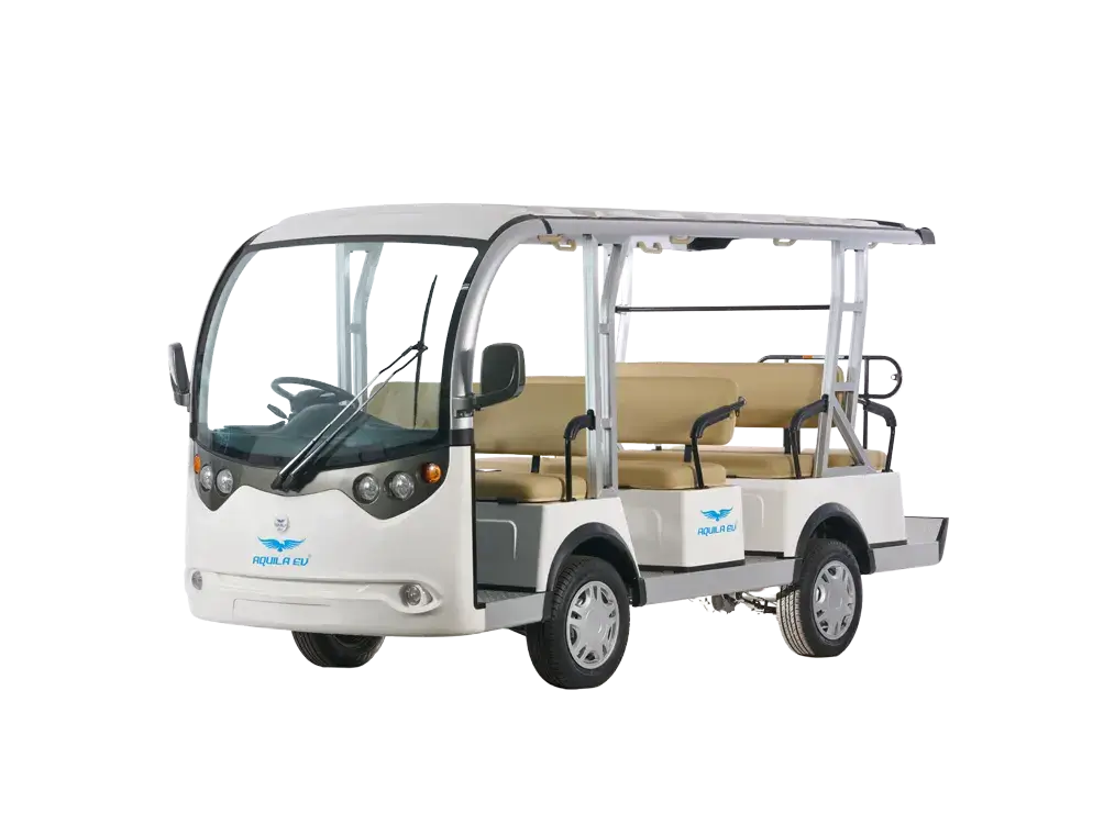Electric 11-seater shuttle bus with open sides and two rows of seating, parked and isolated on a white background.